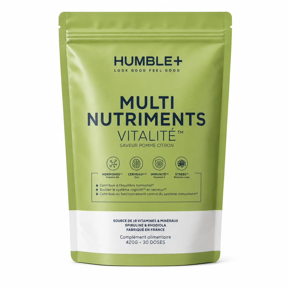 Humble+ Multi-Nutriments Vitalité 420g saveur Pomme-Citron en packaging vert sage