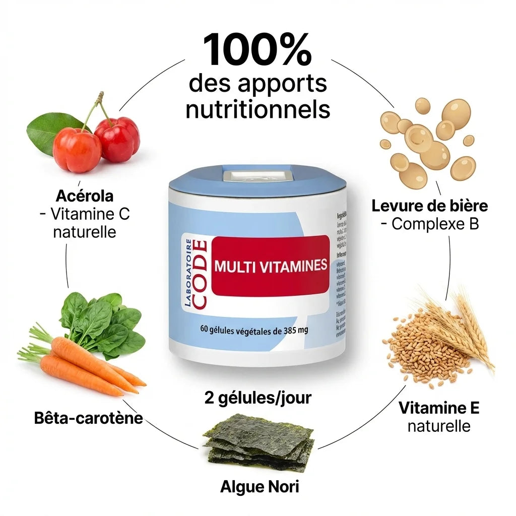 Multi Vitamines 60 gélules Laboratoire Code avec ingrédients naturels acérola, levure de bière et vitamine E