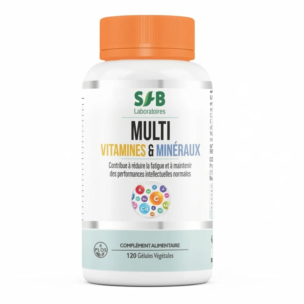 Flacon SFB Multivitamines et Minéraux 120 gélules végétales avec bouchon orange sur fond blanc