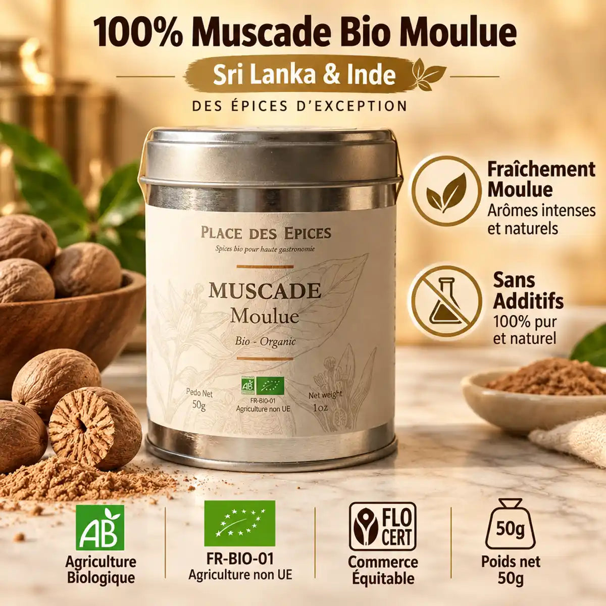 Muscade moulue bio 50g Place des épices, certifiée AB, avec noix entières sur fond marbre