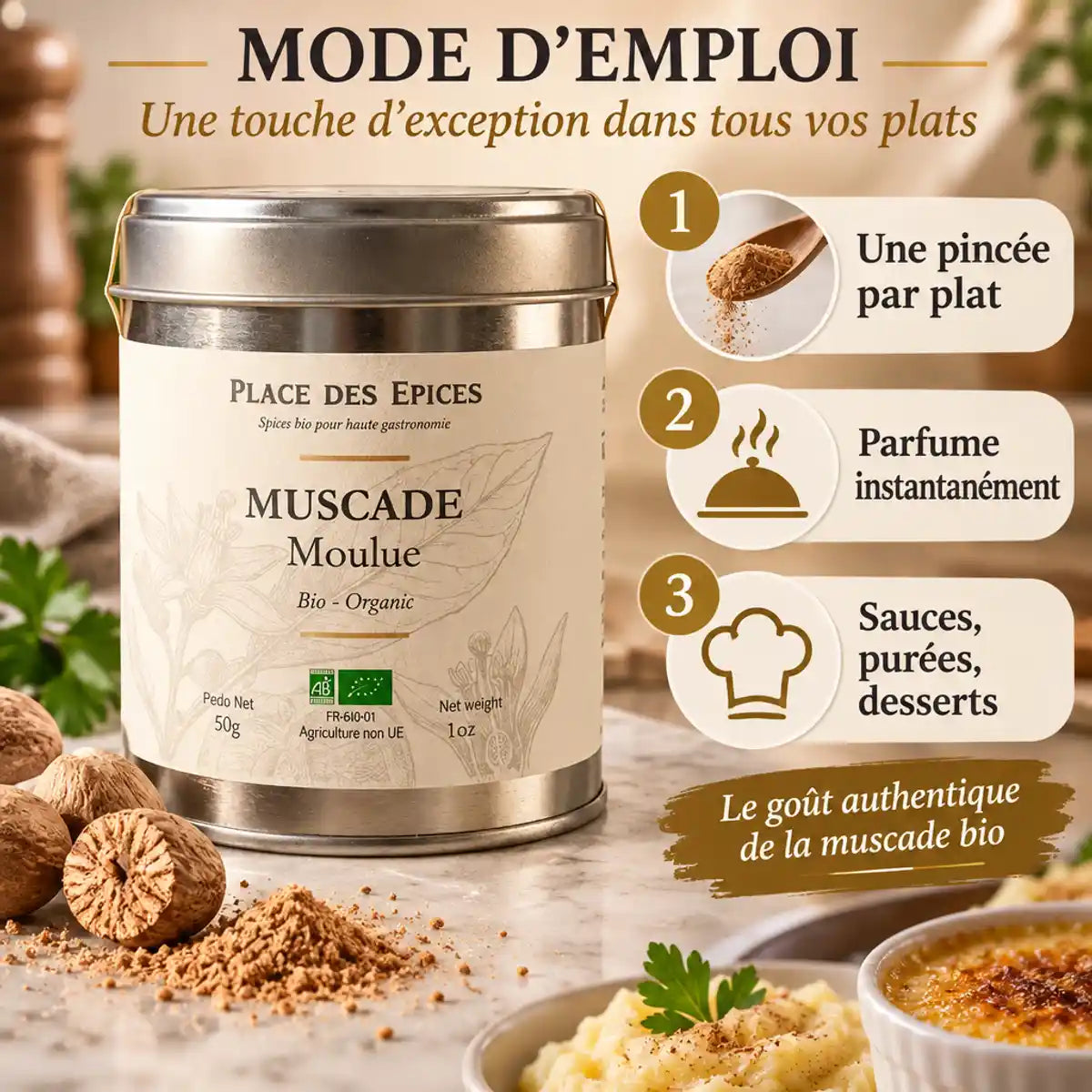 Muscade moulue bio 50g Place des épices avec guide d'utilisation et noix de muscade entière