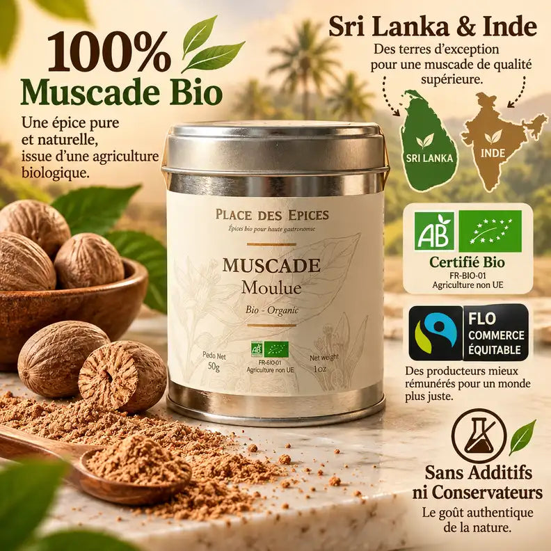 Muscade moulue bio 50g Place des épices en boîte avec noix de muscade entières et poudre