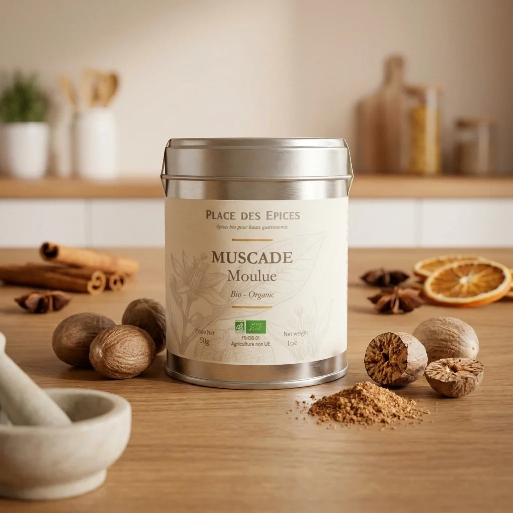 Muscade moulue bio 50g Place des épices sur plan de travail cuisine