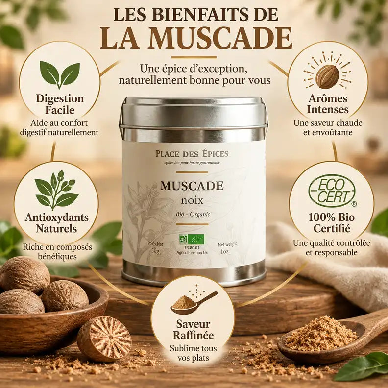 Muscade noix bio 50g Place des épices avec infographie des bienfaits en studio professionnel