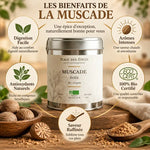 Muscade noix bio 50g Place des épices avec infographie des bienfaits en studio professionnel