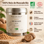 Muscade Noix Bio 50g Place des épices - Boîte métallique certifiée AB avec étiquette crème sur fond beige