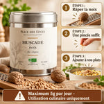 Muscade noix bio 50g Place des épices avec instructions de râpage et dosage maximum 5g par jour