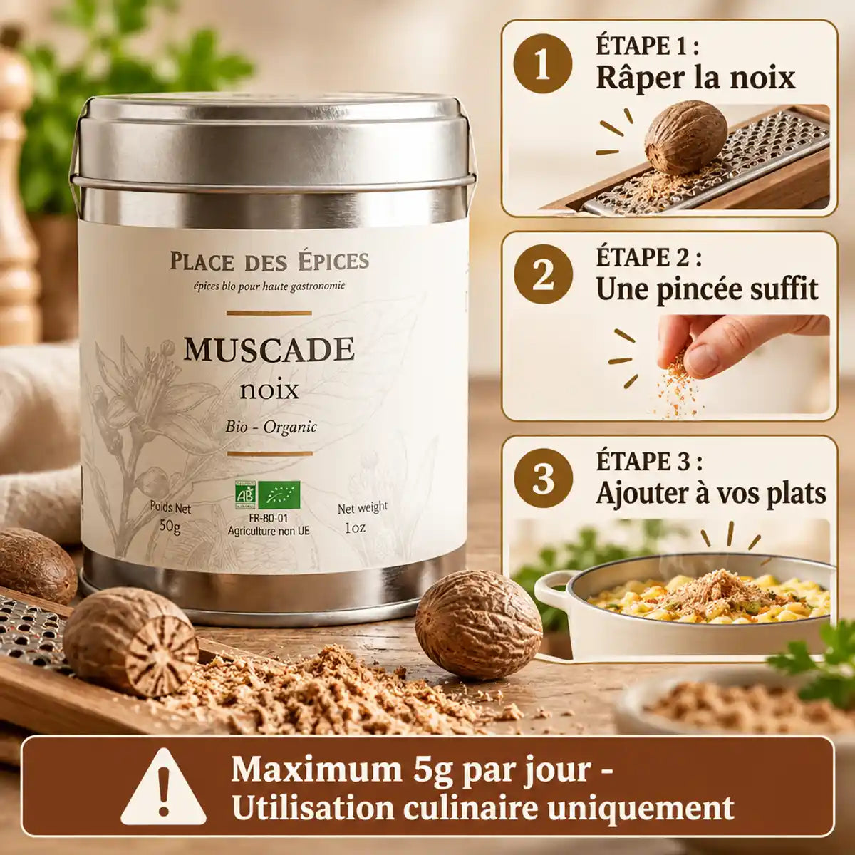 Muscade noix bio 50g Place des épices avec instructions de râpage et dosage maximum 5g par jour