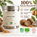 Muscade Noix Bio 50g Place des épices - Boîte produit avec certification AB et illustrations botaniques sur fond blanc