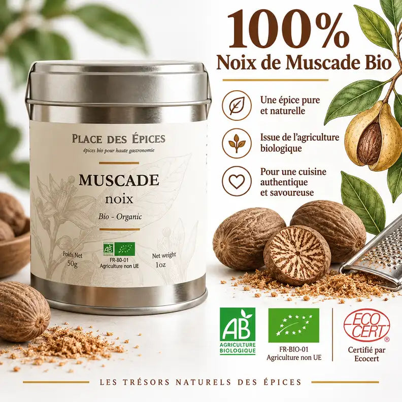 Muscade Noix Bio 50g Place des épices - Boîte produit avec certification AB et illustrations botaniques sur fond blanc