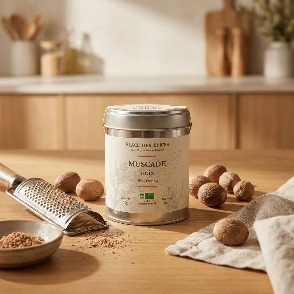 Muscade noix bio 50g Place des épices sur plan de travail bois avec noix fraîches et râpe
