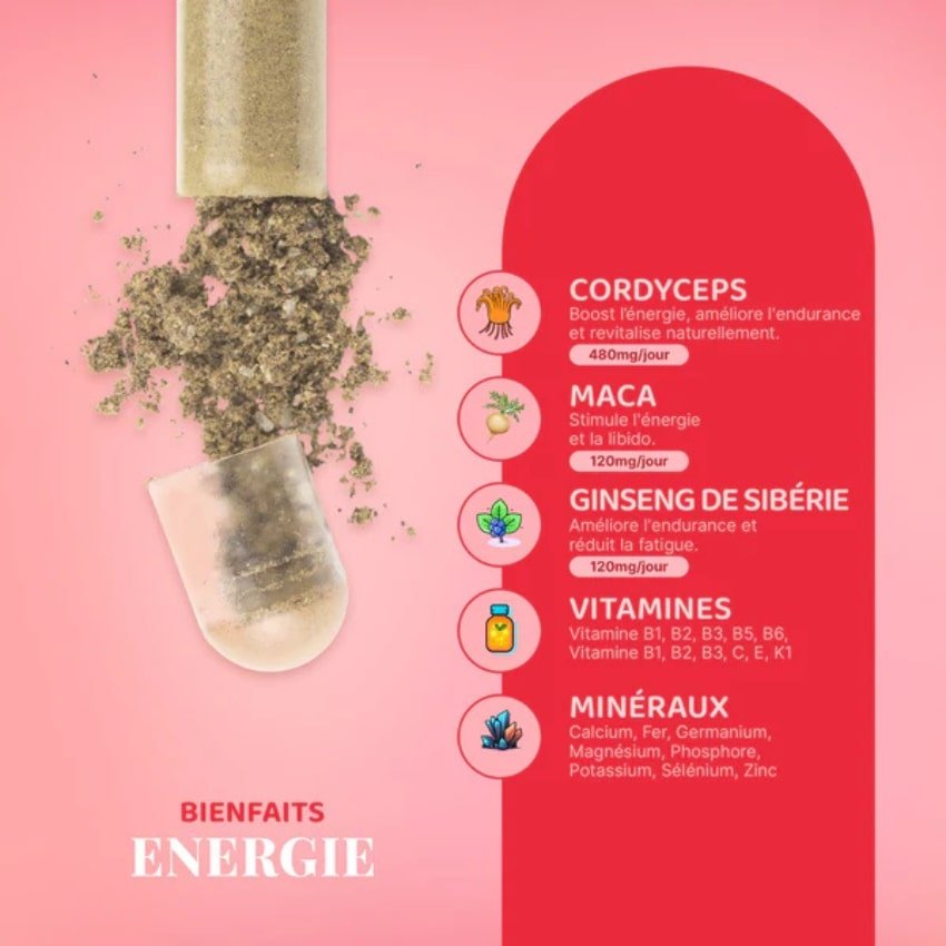 Une capsule de Energie de la marque Mush n go détaillant les bienfaits des ingrédients 