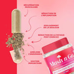 Une capsule de récupération musculaire de la marque mush n go indiquant les bienfaits du produit
