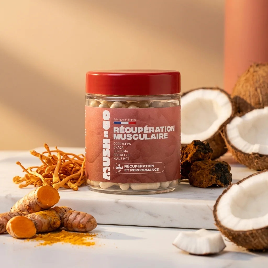 MushnGo Récupération Musculaire avec Cordyceps, Chaga et Curcuma sur marbre blanc