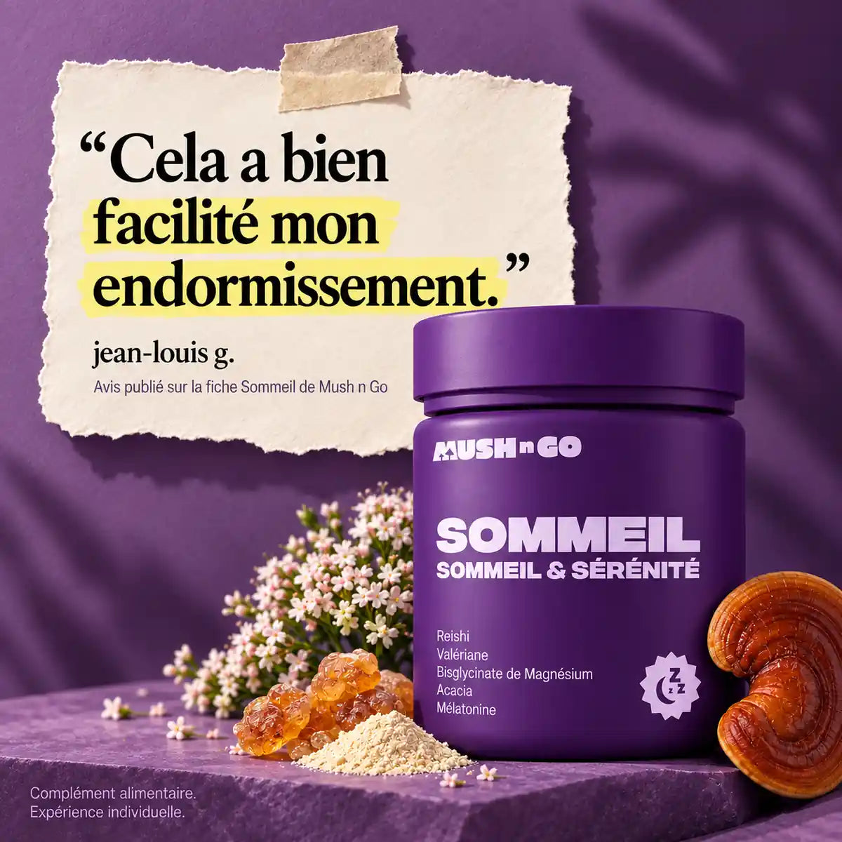 Avis de jean-louis g. publié chez Mush n Go : « Cela a bien facilité mon endormissement. » Flacon Sommeil ; expérience individuelle.