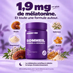 Sommeil de Mush n Go : 1,9 mg de mélatonine par gélule, associée au reishi, à la valériane, au magnésium et à l’acacia.
