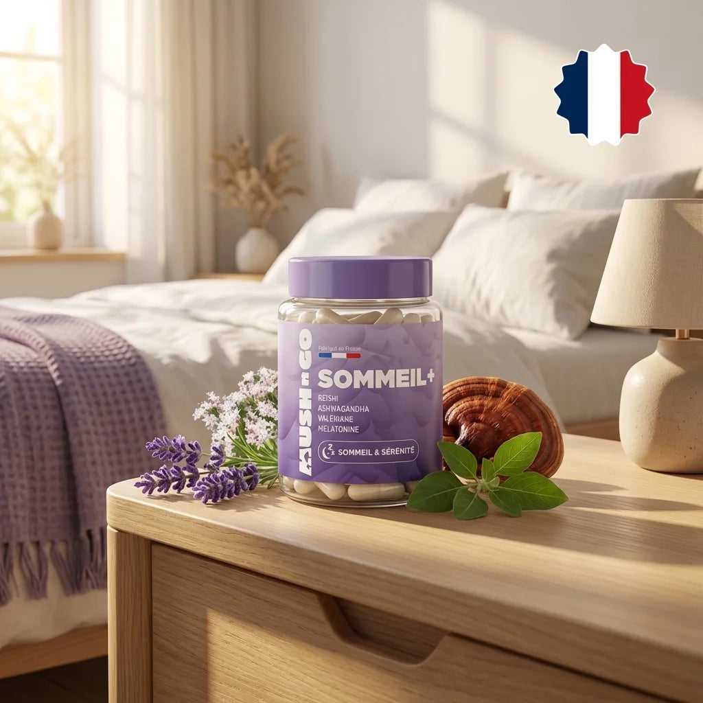MushnGo Sommeil+ avec Reishi, Ashwagandha et Valériane sur table de nuit