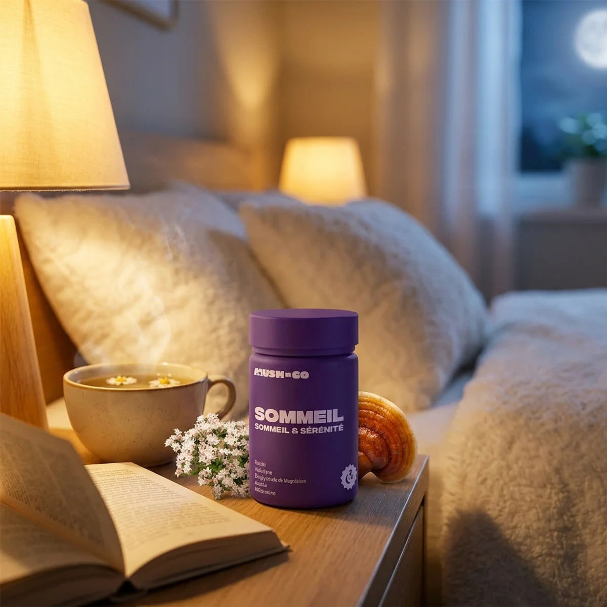 MushnGo Sommeil+ sur table de nuit avec reishi, ashwaganda, valériane et mélatonine pour dormir