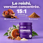 Sommeil de Mush n Go : illustration du ratio d’extraction du reishi 15:1 annoncé par la marque, soit 15 parts de reishi pour 1 part d’extrait.