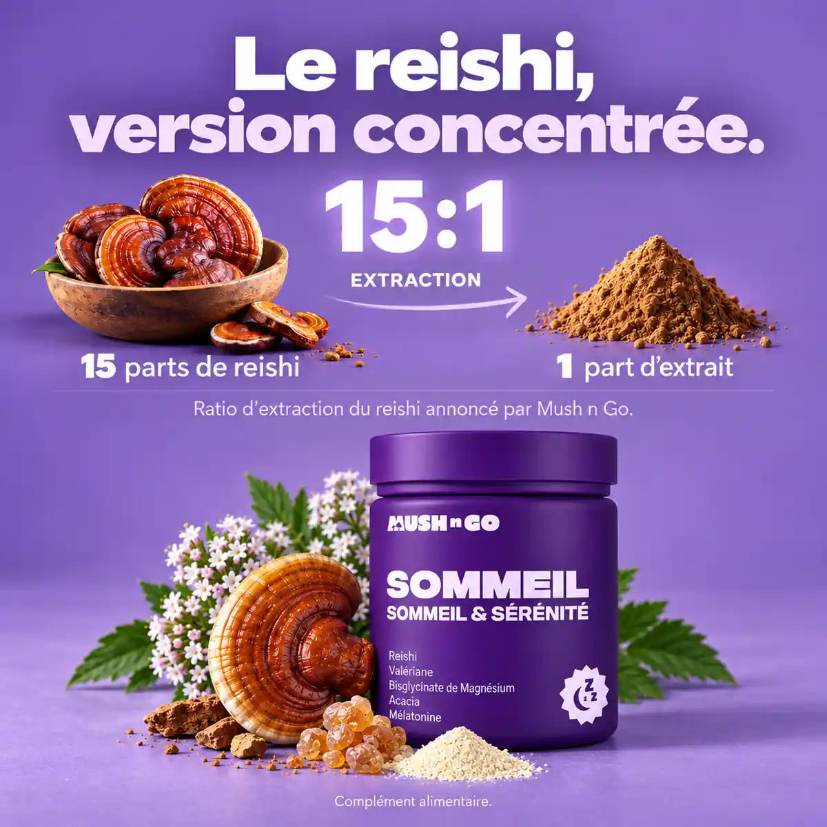 Sommeil de Mush n Go : illustration du ratio d’extraction du reishi 15:1 annoncé par la marque, soit 15 parts de reishi pour 1 part d’extrait.