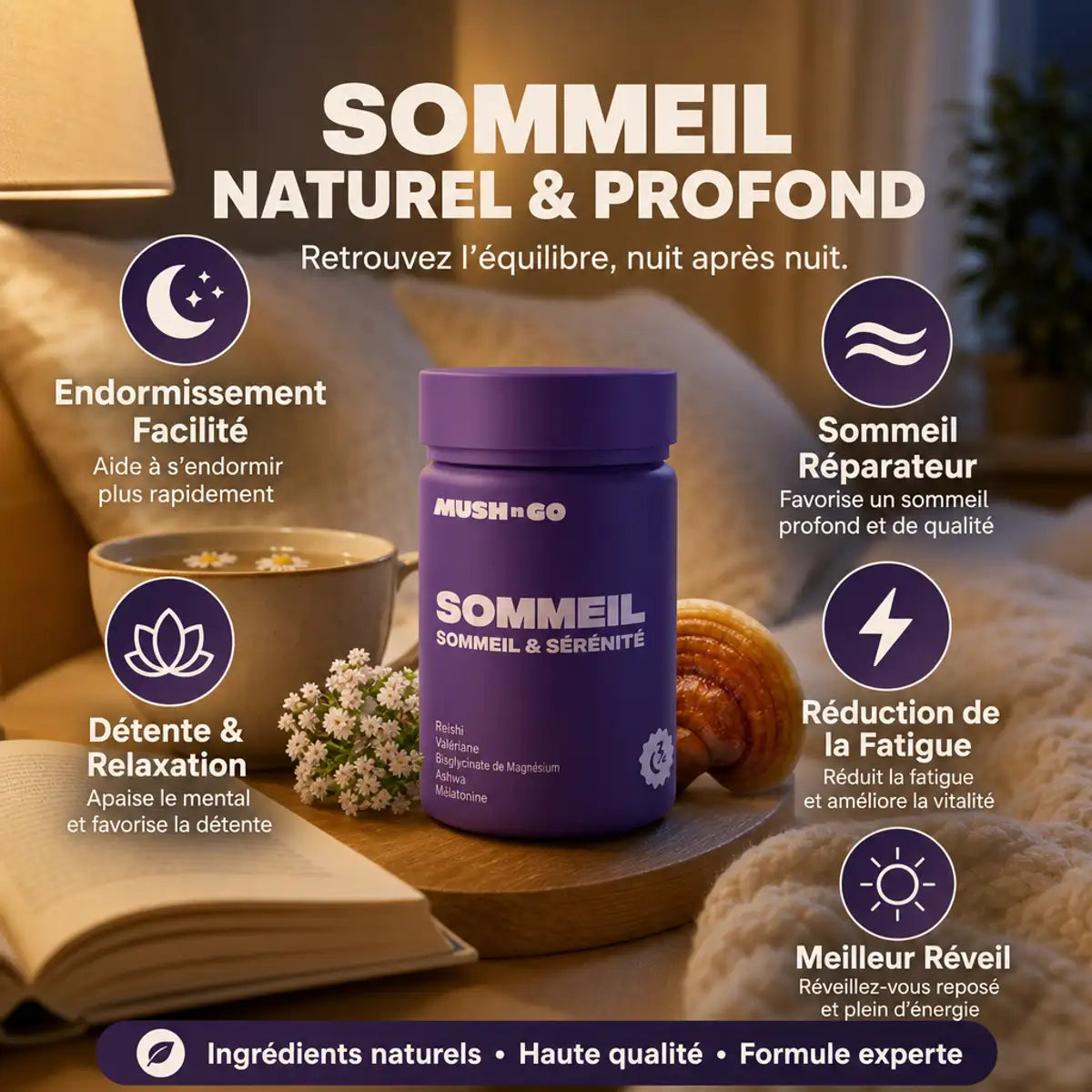 MushnGo Sommeil+ avec Valériane, Mélatonine et Reishi dans ambiance chambre relaxante et bénéfices wellness