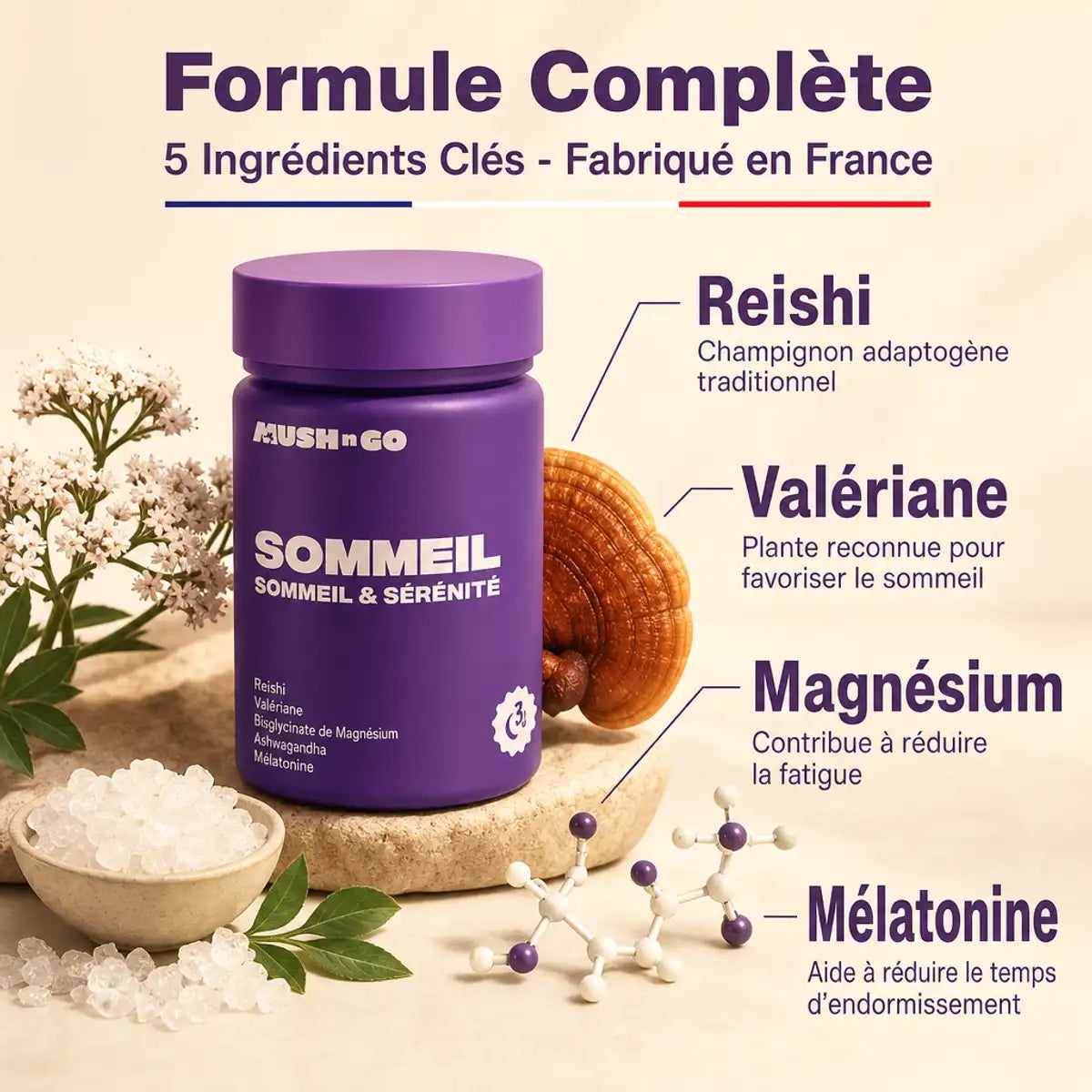 MushnGo Sommeil+ : flacon violet avec Reishi, Valériane, Magnésium et Mélatonine - 30 gélules