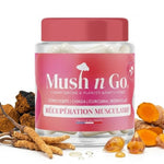 Un flacon de mushngo récupération musculaire avec les ingrédients actifs disposés autour