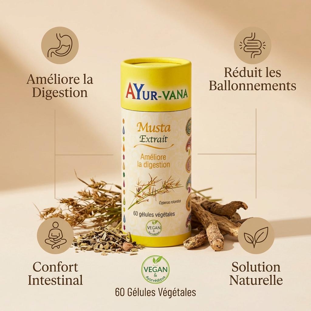 Musta AyurVana 60 gélules végétales pour digestion avec infographie bénéfices santé naturelle