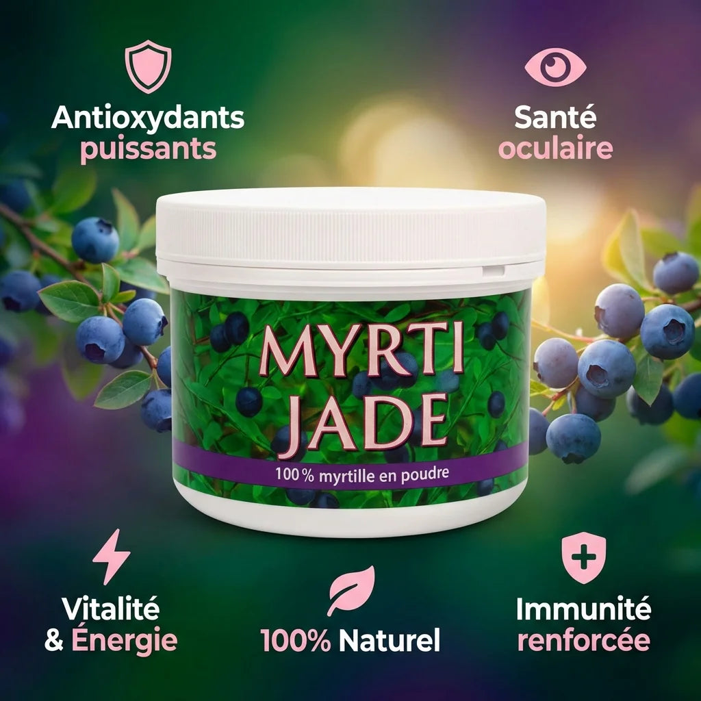 Myrti-jade poudre de myrtille 200g avec bénéfices santé : antioxydants, immunité et vitalité