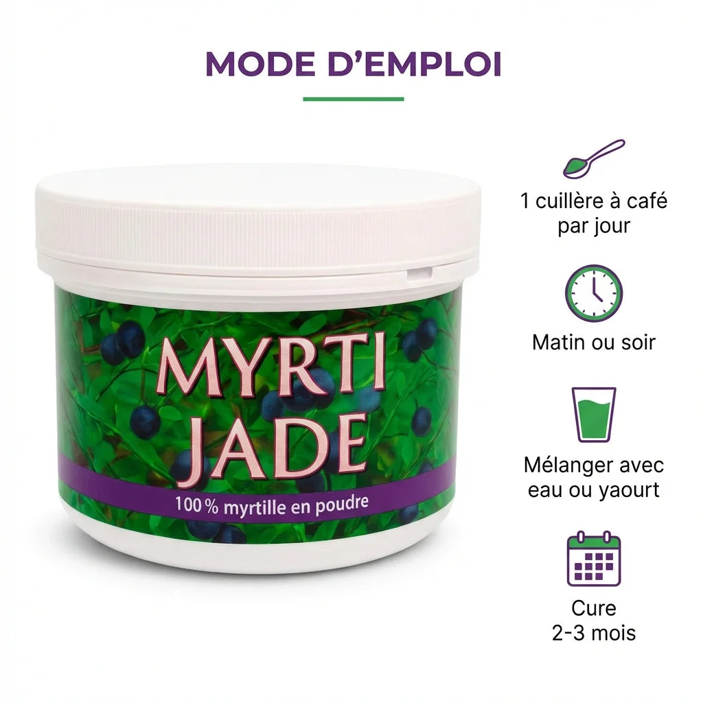 Myrti-jade poudre de myrtille 200g avec mode d'emploi et dosage recommandé en cuillère à café