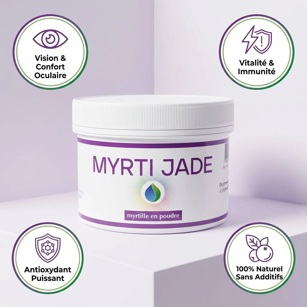 Myrti Jade poudre myrtille 200g avec bénéfices vision, vitalité, antioxydant naturel