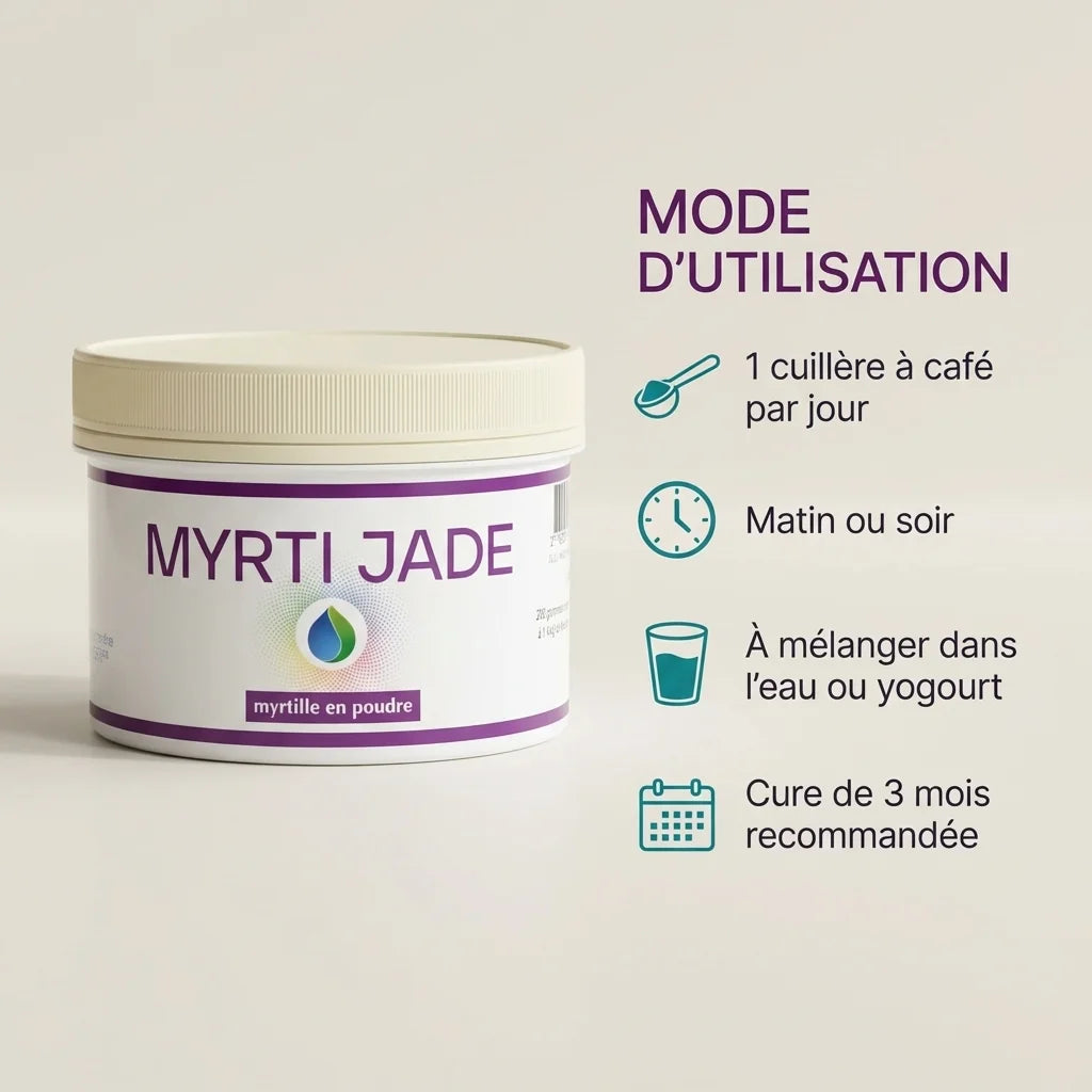 Myrti Jade poudre myrtille 200g avec guide utilisation et dosage recommandé