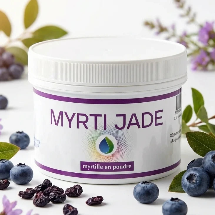 Poudre de myrtille Myrti Jade 200g avec myrtilles fraîches et séchées sur fond blanc studio