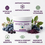 Myrti Jade poudre de myrtille 200g avec myrtilles fraîches et infographie ingrédients