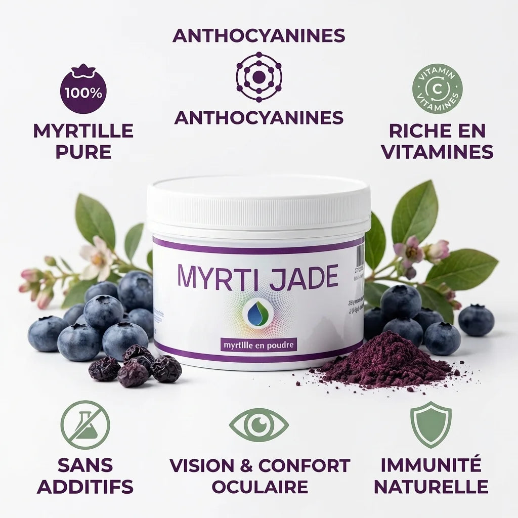 Myrti Jade poudre de myrtille 200g avec myrtilles fraîches et infographie ingrédients