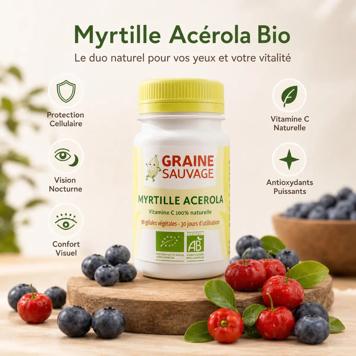 Myrtille Acérola Bio 90 gélules - Supplément vision avec myrtilles fraîches, acérola et bénéfices santé