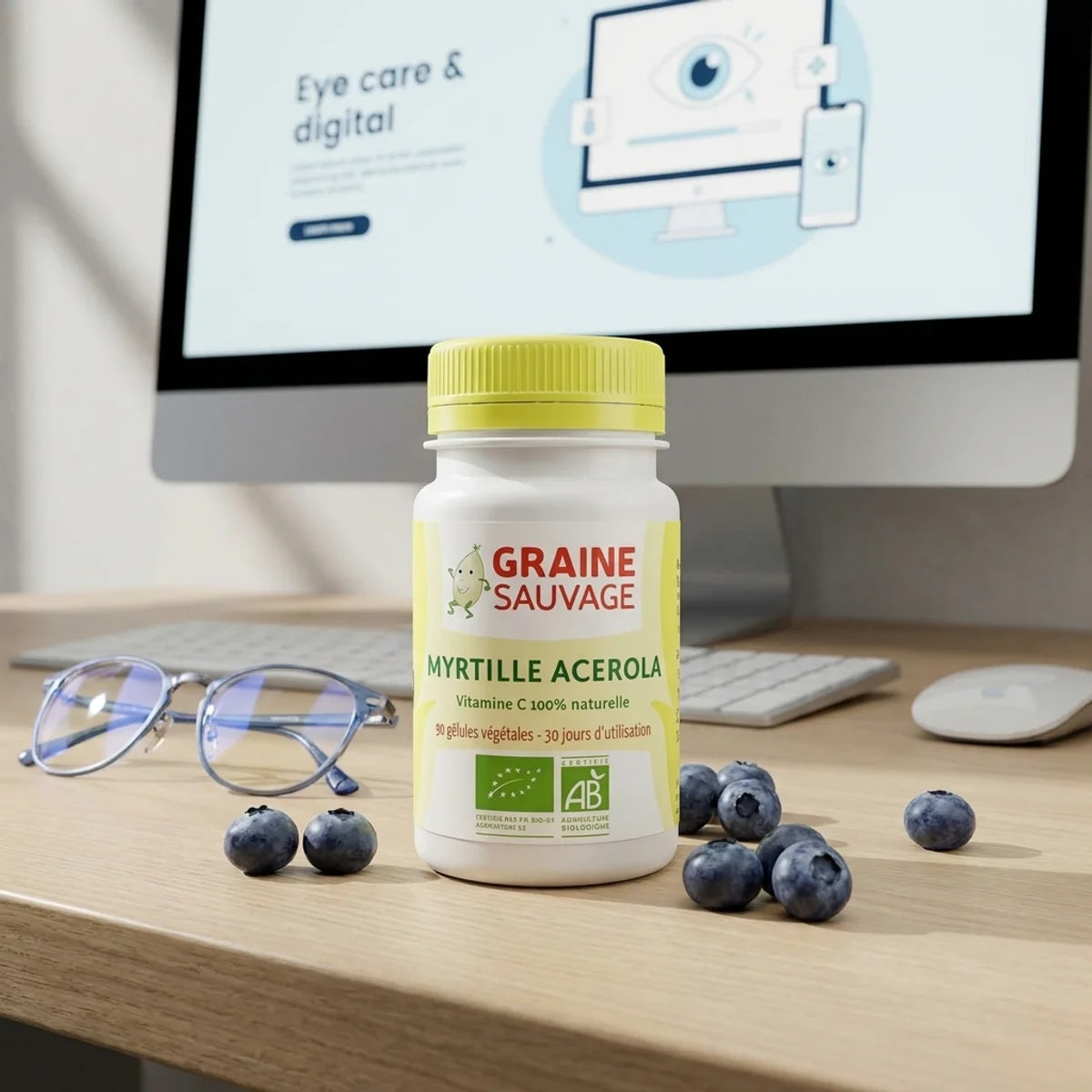 Myrtille Acérola Bio 90 gélules Graine Sauvage pour la vision sur bureau avec lunettes anti-lumière bleue