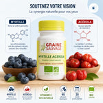 Myrtille Acérola Bio 90 gélules Graine Sauvage avec baies fraîches et infographie vitamine C