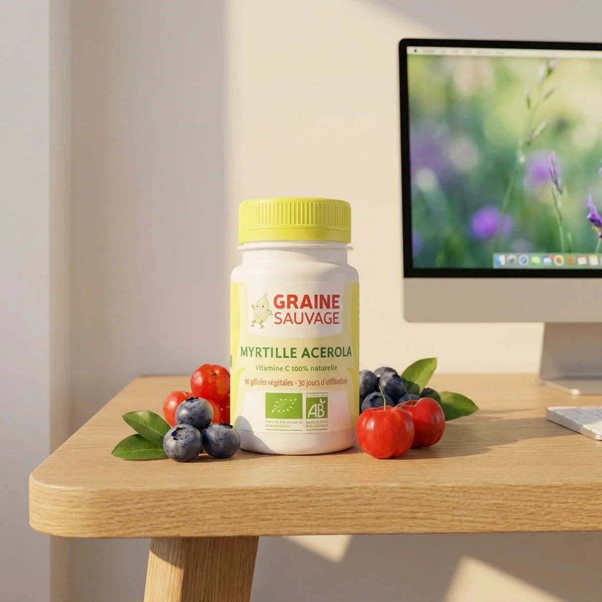 Myrtille Acérola Bio Graine Sauvage - Flacon de 90 gélules pour la vision sur bureau