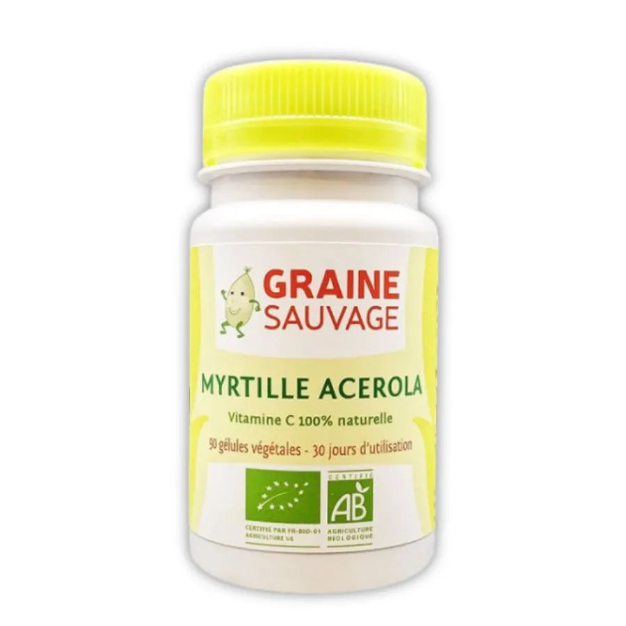 Une boîte de 90 gélules de myrtille acérola de la marque Graine sauvage