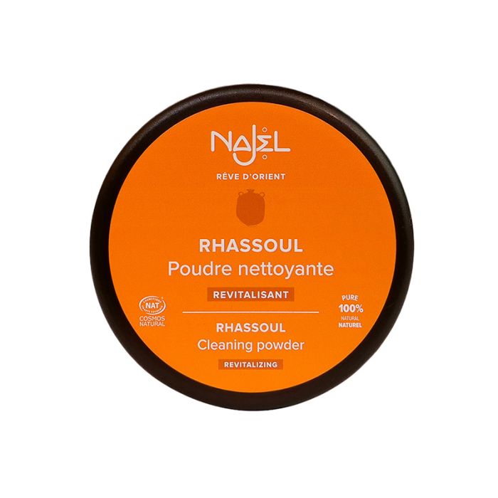 Un pot de Rhassoul en poudre Najel, vue de dessus
