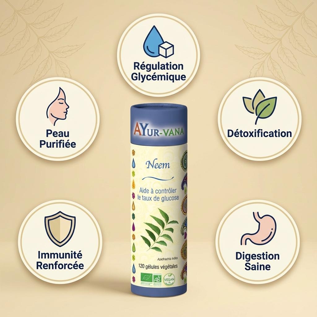 Neem Bio 120 gélules Ayur-Vana avec 5 bénéfices : régulation glycémique, détoxification, digestion, immunité, peau