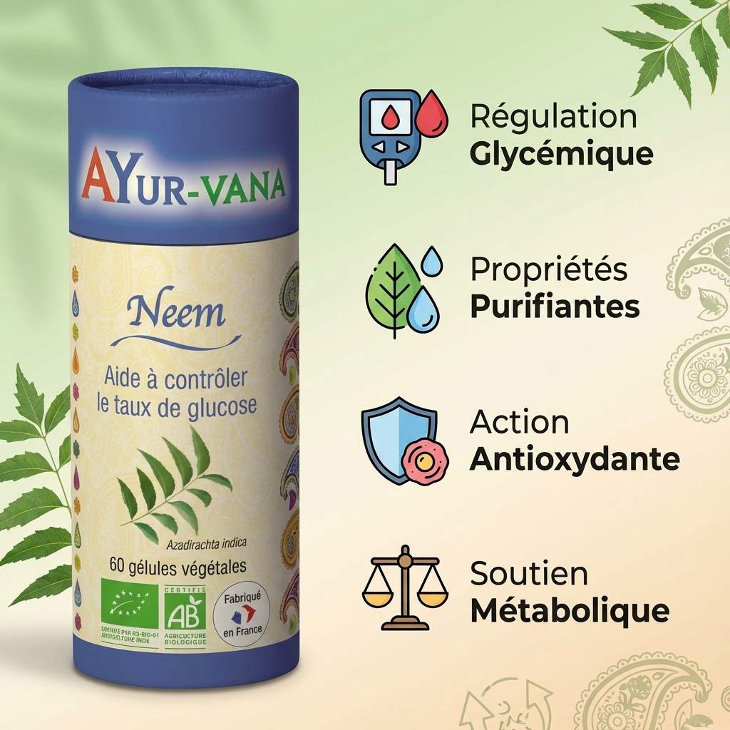 Neem Bio 60 gélules Ayur-Vana avec bénéfices régulation glycémique et propriétés purifiantes