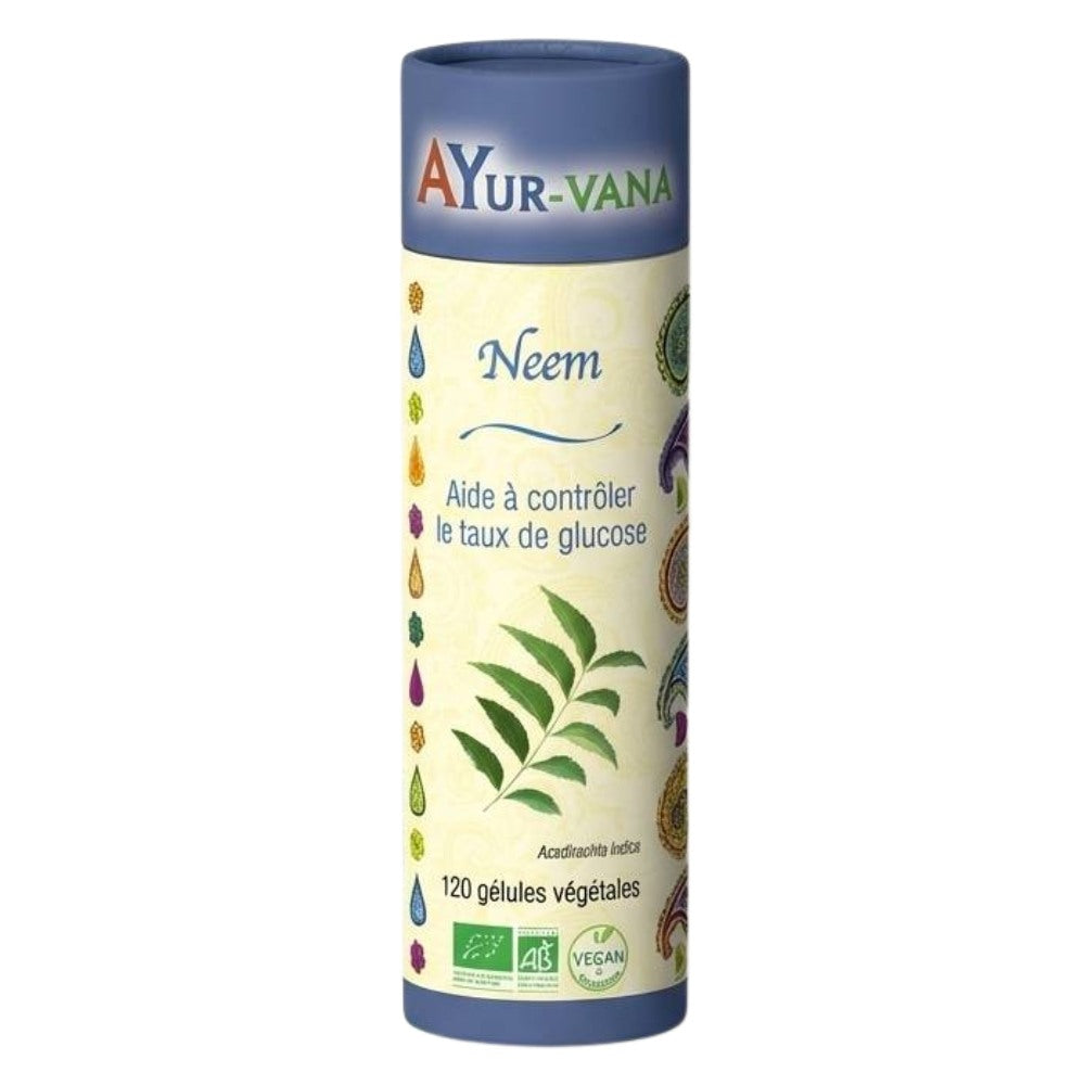 Une boite de 120 gélules de neem bio de la marque ayur-vana