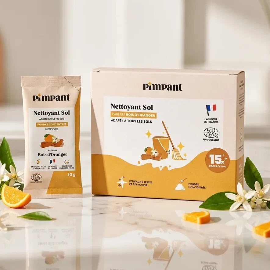 Dosettes nettoyant sol Pimpant à diluer sur surface marbre avec fleurs d'oranger