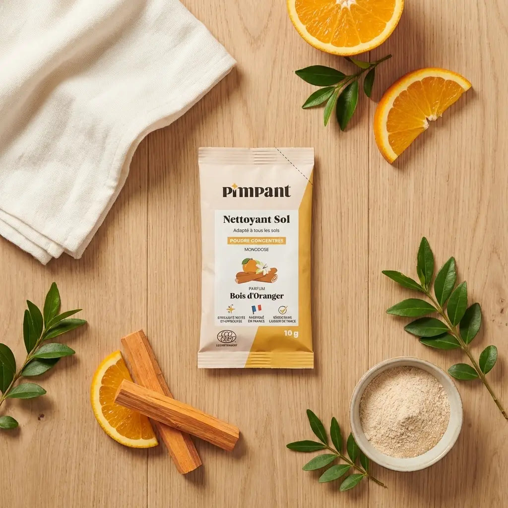Dosettes nettoyant sol Pimpant 15 unités avec tissu et bois naturel sur fond clair