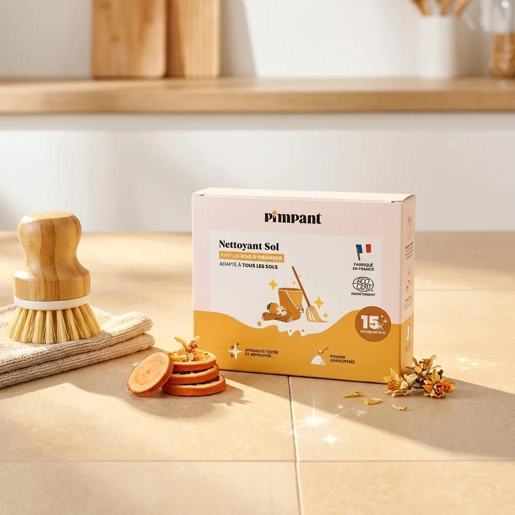 Nettoyant sol Pimpant 15 dosettes avec accessoires écologiques et carrelage brillant