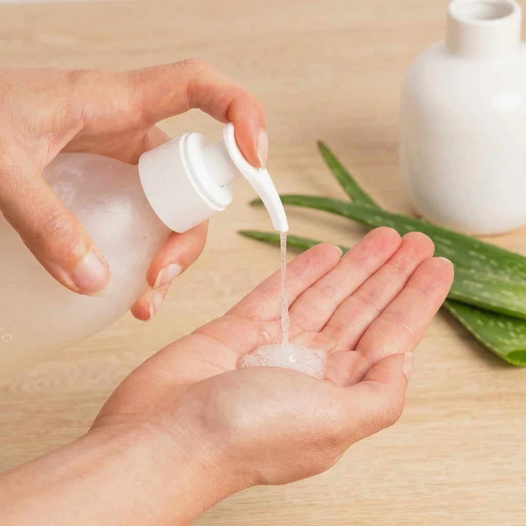 Nettoyant visage poudre Pimpant à l'aloe vera se versant dans les mains