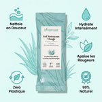 Nettoyant visage en poudre Pimpant Aloe Vera avec icônes bénéfices sur fond blanc