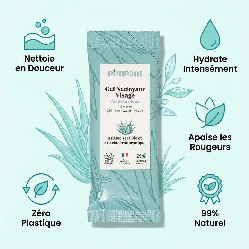 Nettoyant visage en poudre Pimpant Aloe Vera avec icônes bénéfices sur fond blanc